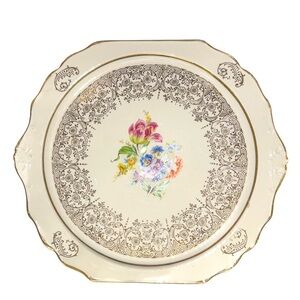 Vintage Harker Pottery Tulip Bouquet Serving Cake Platter 22k Gold